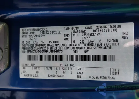 2019 Ford Escape Se z USA, uszkodzony, nr VIN 1FMCU0GD9KUB84873